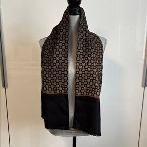 Vintage Silk Wool Black Brown Patterned Double Sided Scarf